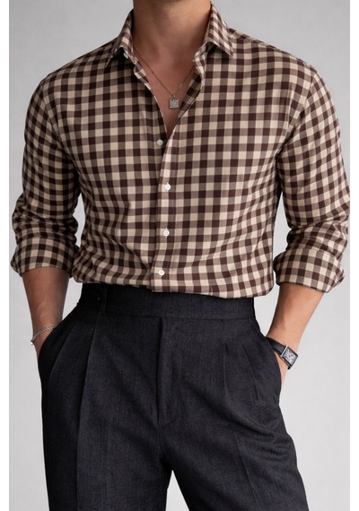 Tarz Cool Erkek Ekose Gömlek Slim Fit Pamuklu Uzun Kollu Günlük Şık Gömlek Krem Tarz Cool Erkek Ekose Gömlek Slim Fit Pamuklu Uzun Kollu Günlük Şık Gömlek Krem