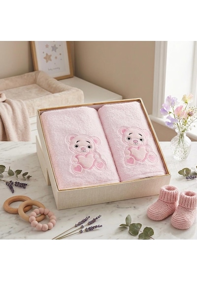 Minel Pamuk 2 Li Set Nakışlı Bebek Çocuk Havlu Seti Pembe Standart