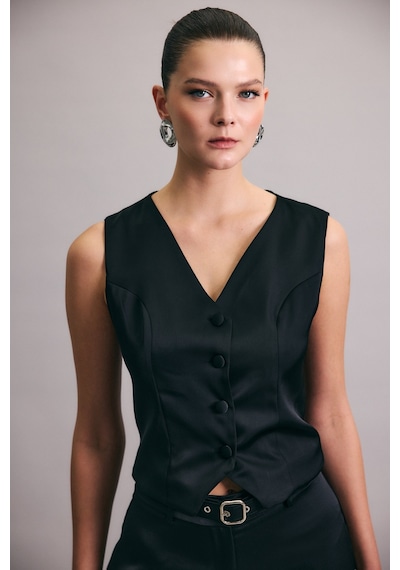 Sateen Klasik Düz Yelek - Siyah-137029 Siyah