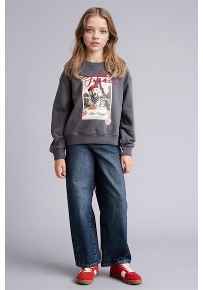Defacto Relax Fıt Bisiklet Yaka Baskılı Sweatshirt Kız Çocuk E6759a826spar58 Antrasit-ar58