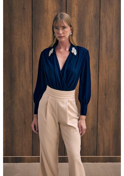 Sateen Aksesuar Detaylı Bodysuit Bluz - Lacivert-136194 Lacivert
