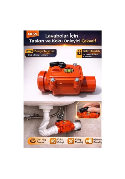 Tr Ø50 Mm Pvc Pis Su Çekvalfi, Lavabo Gideri İçin Koku Ve Taşkın Önleyici, Geri Akış Önleyici, Kilitleme Mandal Genel
