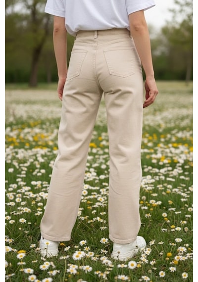 Woddi Nova Kadın Yüksek Bel Krem Salaş Jeans Wide Leg Geniş Paça Palazzo Kot Pantolon