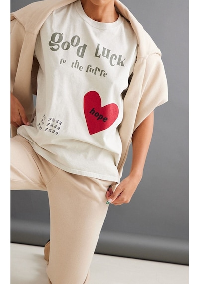 Vizon Oversize Hope T-shirt - Oversize Baskılı Vizon