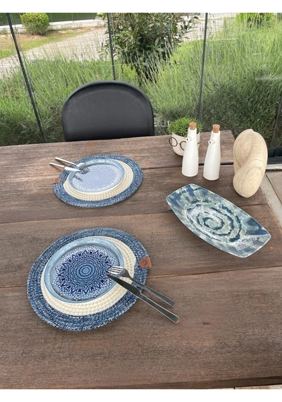 2 Kişilik Yuvarlak Amerikan Servis Leke Tutmaz - Supla Mavi/beyaz 33x33 Cm Beyaz/mavi