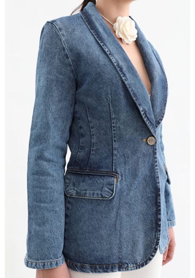Banny Jeans Kadın Uzun Kollu Tek Düğmeli Jean Ceket Mavi Mavi Xl