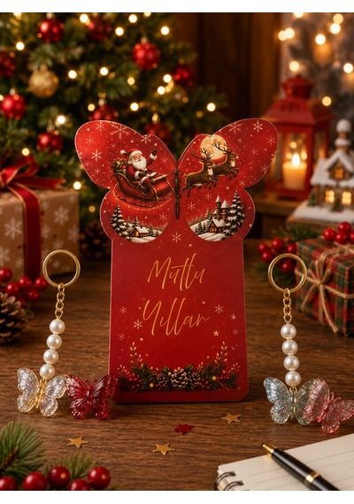 Butterfly Yeşil & Kırmızı Noel Baba Kartlı Renkli Kelebek Anahtarlık - Yılbaşı Hediyesi - 10x13cm