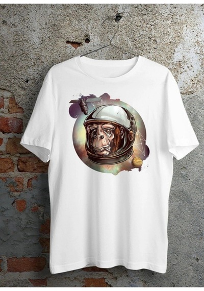 Tarzsokak Unisex Beyaz Astronot Maymun Baskılı Oversize Bisiklet Yaka Tişört