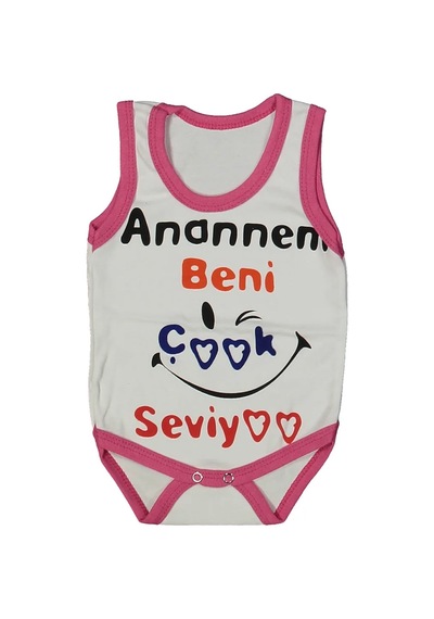 Bebegen Kız Bebek Beyaz Fuşya Biyeli Anaannem Beni Seviyor Yazılı Askılı Zıbın Çok Renkli