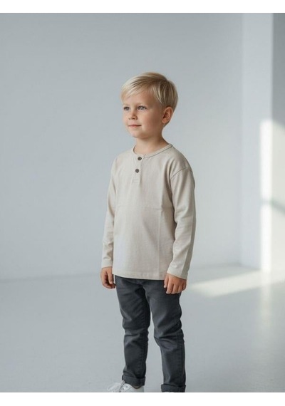 Zekids Erkek Çocuk Düğmeli Pamuklu İnce Uzun Kollu T-shirt-16778 Bej