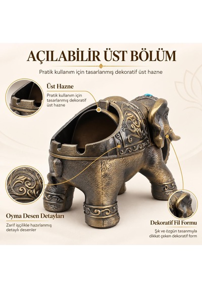 Lüks Alaşım Metal Fil Figürlü Kapaklı Dekoratif Küllük Ve Takı Saklama Kutusu Metal Biblo 18 X 12 Cm 85349586