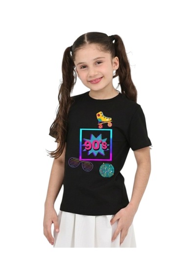 Erdem Kıds Unisex 90'lar Temalı Baskılı Pamuklu Basic T-shirt Siyah Siyah