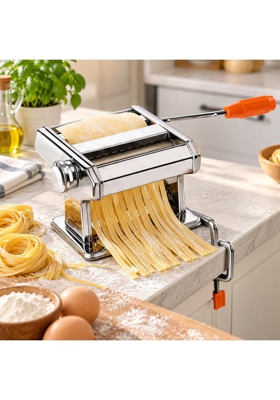 Manuel Erişte Ve Makarna Hamur Açma Makinesi Paslanmaz Çelik Gövde, Tagliatelle Fettuccine Lasagna Kesim, 9 Kademeli Ayar, Masa Sabitleme Aparatı Dahil