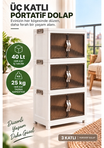 3 Katlı Portatif Organizer Dolap 120 Lt Beyaz