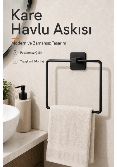 Paslanmaz Çelik Kare Yapışkanlı Siyah Kare Havluluk Banyo Askılığı