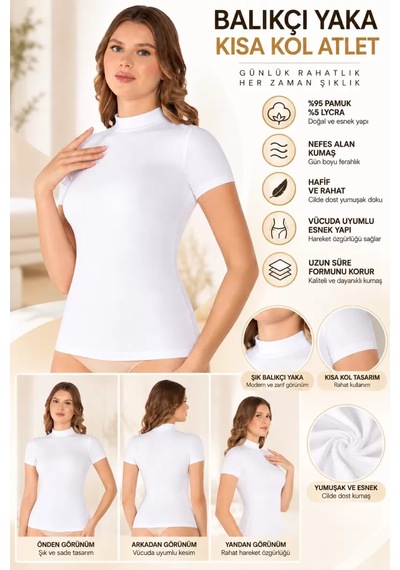 N11 Kadın Balıkçı Yaka Kısa Kol Atlet Beyaz, Esnek Kumaş, Vücuda Oturan Basic Body - Ryl - 2611