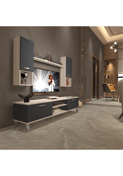Decoraktiv Eko 5da Mdf Dvd Krom Ayaklı Tv Ünitesi Tv Sehpası Beyaz - Antrasit