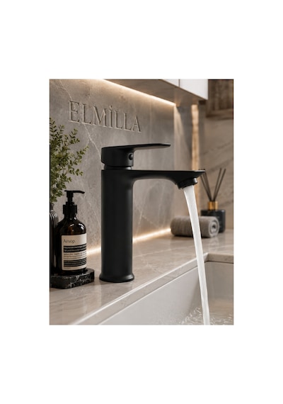 Siyah Lüx Sabit Lavabo Bataryası Şık Tasarım Premium Gövde Çift Su Girişli Lavabo Bataryası