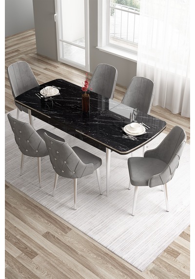 Canisa Tia Serisi 80x132 Mdf Açılabilir Siyah Mermer Desen Krom Detay Mutfak Masası Ve 6 Gri Sandalye Masa Siyah Mermer Desen Sandalye Gri Canisa Tia Serisi 80x132 Mdf Açılabilir Siyah Mermer Desen Krom Detay Mutfak Masası Ve 6 Gri Sandalye Masa Siyah Mermer Desen Sandalye Gri