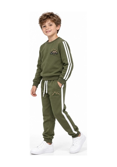 Rony Pony Kids Erkek Çocuk Haki 2 İplik Eşofman Takımı Bisiklet Yaka Şerit Detaylı Nakışlı Alt Üst Takım