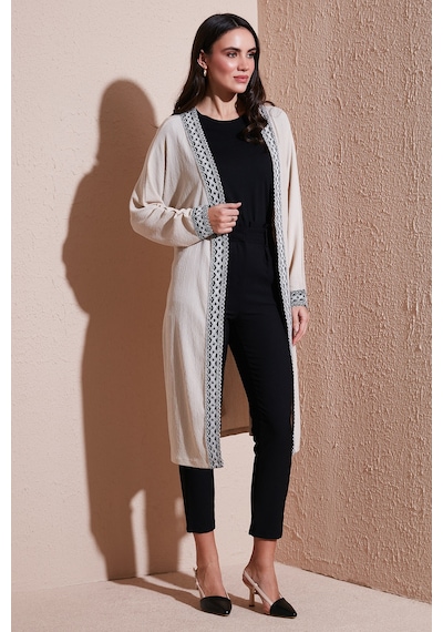Lela Modest Regular Fit Bağlamalı Nakışlı Tesettür Uzun Kimono Bayan Hırka 5866173 Taş