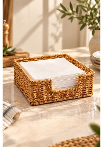 Atbyhome Hasır Rattan Kare Peçetelik 18x18x6.5 Cm - Masa Üstü Kolay Çekme Oyuklu Peçete Sunum Sepeti Kahverengi