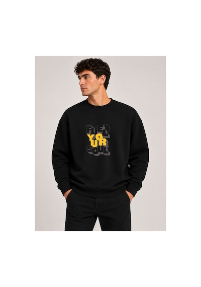 Herkesemoda Fuel Your Harder Baskı Detaylı Bisiklet Yaka Şardonlu 2 İplik Sweatshirt Siyah