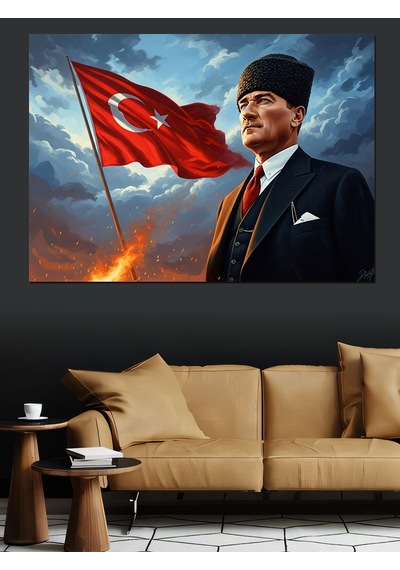 Türk Bayrağı Ve Atatürk Portresi Dekoratif Kanvas - Mdf Ahşap Tablo