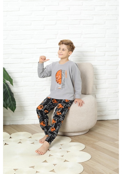Yeni Stil Sonbahar/kış Erkek Çocuk Basketball Desenli Polar Pijama Takımı 4562 Gri
