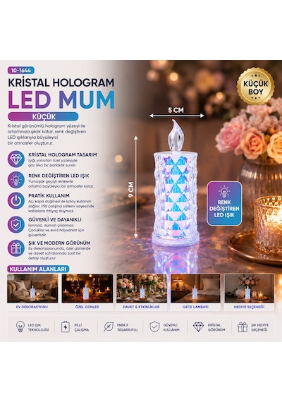 Yakut-13635 Led Candle Kamp Pilli Led Mum Küçük Boy - Çap 5 Cm Yükseklik 9 Cm Mika Kristal Plastik- 12'li Paket Diğer