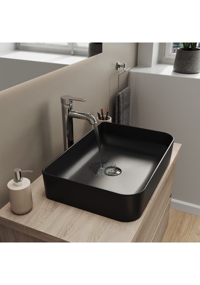 Aqua Bagno Mestola Tezgah Üstü Lavabo Batarya Deliksiz 50x35 Cm Mat Siyah Beyaz