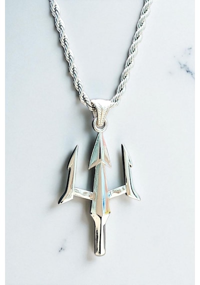 Ak Store Silver Gümüş Kaplama Krom-Çelik Erkek Kolye Madalyon Poseidon Mızrak Gümüş
