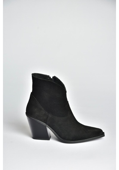 Fox Shoes V654081902 Siyah Hakiki Deri Süet Kalın Topuklu Western Kovboy Kadın Bot Siyah