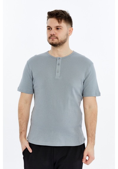 Erkek Henley Yaka %100 Pamuklu Dokulu Kumaştan Kısa Kollu Günlük Basic Tişört Gri