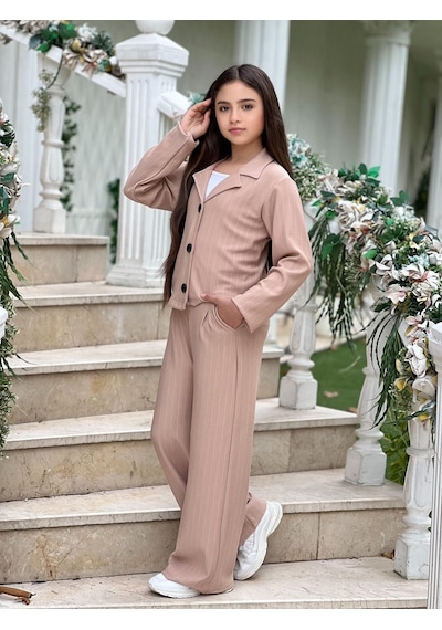 Bayramlık Kardeş Kombini Kız Erkek Çizgili Şık Takım Seti 6/16 Yaş - 31601 Krem Reng