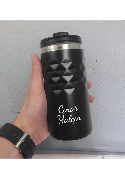 Kişiye Özel Baskılı Geometrik Desenli Siyah Renk Termos Bardak 300ml