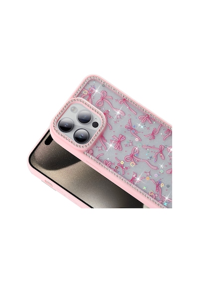 Apple Uyumlu iPhone 14 Pro Max Kılıf Taşlı Ve Simli Tasarım Mkst Azra Kapak - Pembe Pembe