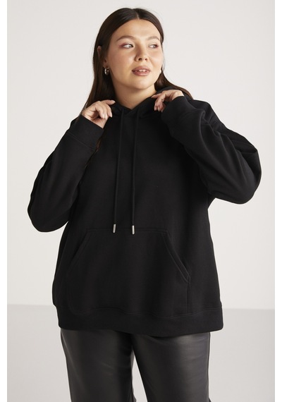ETHIQUET TEREZABB Kadın Içi Polarlı Yumuşacık Comfort Fit Kapüşonlu Kanguru Cep Siyah Büyük Beden Sweatshirt