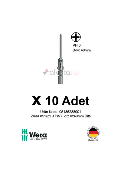 Alveta Wera 851/21 J Ph0 X 40mm Tornavida Ucu 10 Adet Yıldız Vidalama Bits Seti Hassas Seri