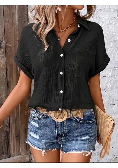 Defymoda Kadın Kısa Kollu Yakalı Önü Düğmeli Müslim Gömlek Siyah