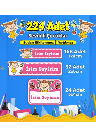 Sevimli Çocuklar Temalı Okul Kreş Kişiye Özel İsim Etiket Seti - Model 624 Çok Renkli