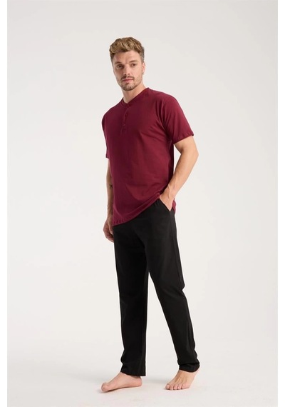 Erkek Bordo Düğmeli Yaka Kısa Kol Pijama Takımı Bordo