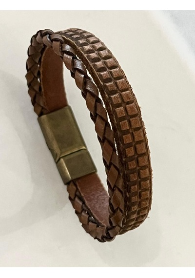 Örgü Detaylı %100 Deri 2li Taba Renk Erkek Bileklik 21 Cm Türk El Üretimi Taba
