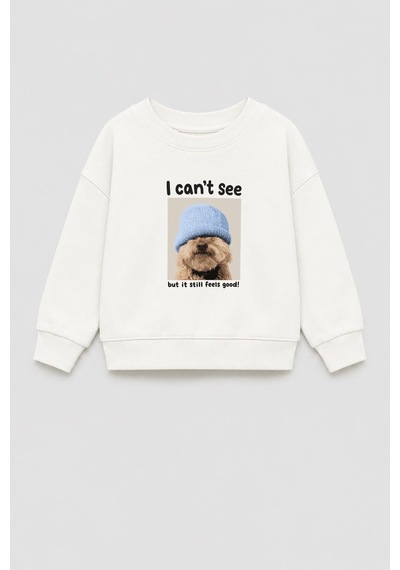 Monila Unisex Çocuk 3 İplik Kumaş Köpek Baskılı Pamuklu Sweatshirt Ekru