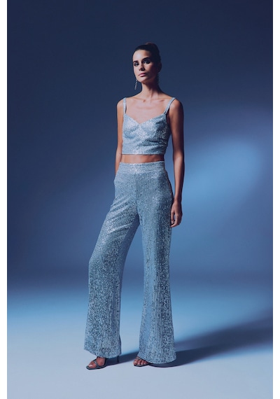 Sateen Kalın Askılı Payet Crop - Gri-135342 Gri