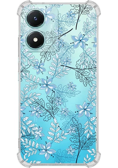 Vivo Y16 Uyumlu Köşe Korumalı Floral Mavi Tasarımlı Şeffaf Silikon Kılıf