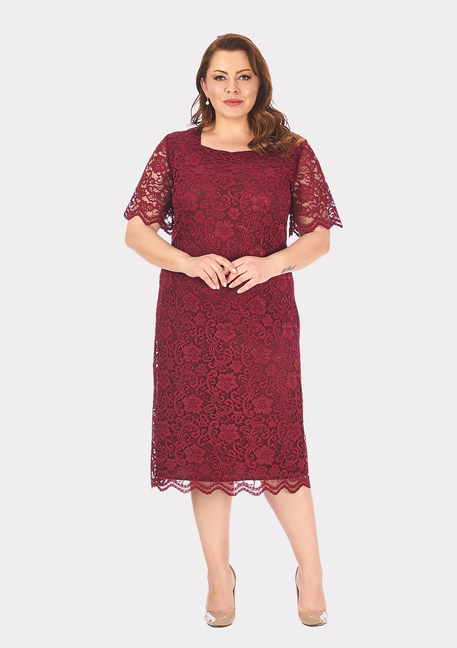 Lilas Xxl Büyük Beden Bordo Renkli Dantel Bordo Abiye Elbise Bordo