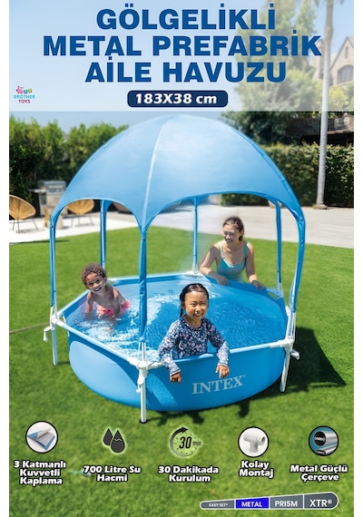 Intex Büyük Boy Gölgelikli Prefabrik Aile Havuzu 183x38 Dayanıklı Çerçeveli Bahçe Havuz