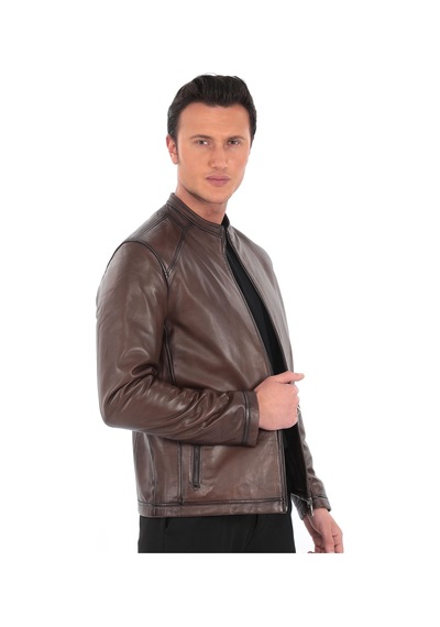 Newzaya Hakiki Deri Slim Fit Erkek Ceket Kahverengi Kahverengi