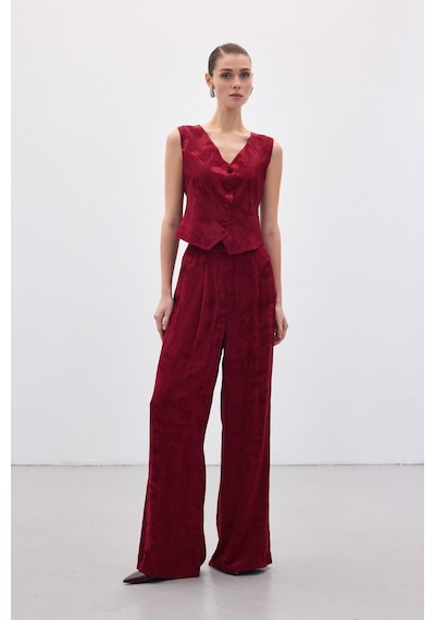 Sateen Jakarlı Bol Pantolon - Bordo-136819 Bordo